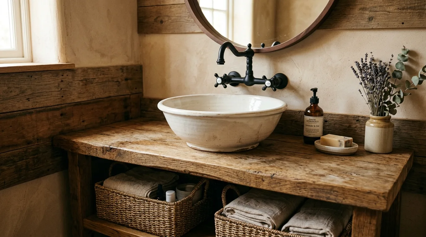 Use shiplap or paneling with restraint inspiration for a modern farmhouse bathroom.